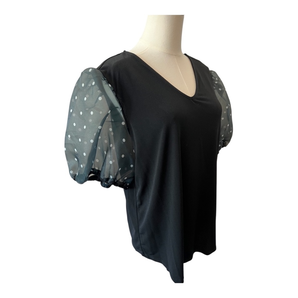 π EUC ADRIANNA PAPELL Black V-Neck Polka Dot Sleeve Top | Size L - Picture 4 of 8